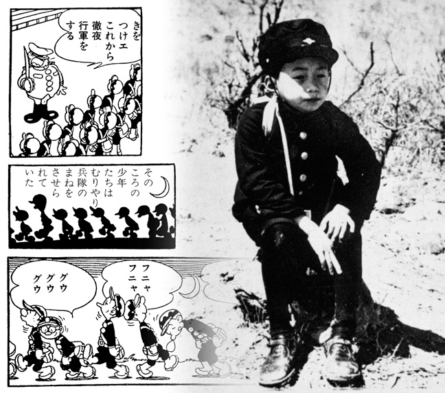 （左）マンガ「らくがき事典1」より　（右）少年時代（36年4月/宝塚）の手塚少年